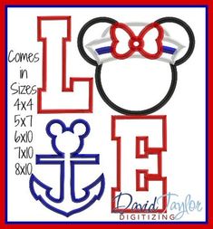 mickey mouse head with anchor and bow in red, white and blue machine embroidery design