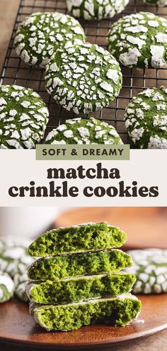 matcha crinkle cookies on a cooling rack