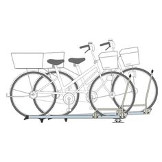 two bicycles are parked on the rack for storage in front of a white background with text