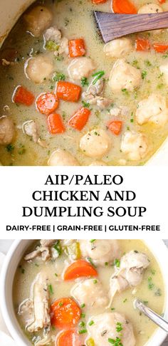 chicken and dumpling soup with carrots in a white bowl