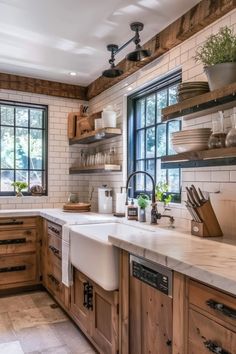 a large kitchen with wooden cabinets and white counter tops, along with open shelving above the sink