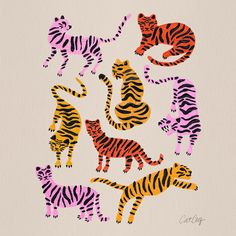 a group of tiger's in different colors on a white background with pink, orange and black stripes