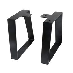 two black metal brackets on a white background, one is holding the other's legs