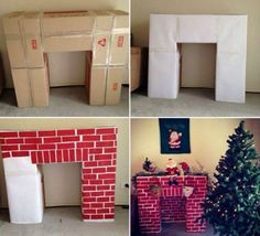 four different pictures of christmas decorations made out of cardboard boxes and bricks, including a fireplace