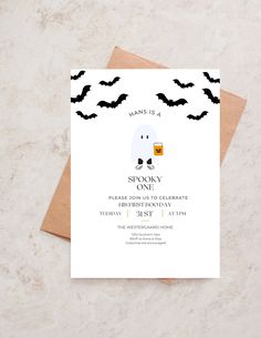 a halloween party card with a ghost and bats on it