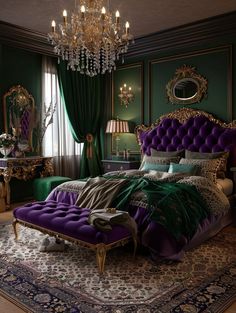 a fancy bedroom with green walls and purple bedding, chandelier and mirror