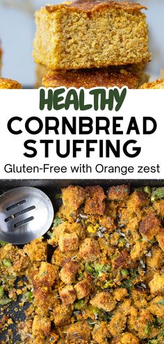 Healthy Gluten-Free Cornbread Stuffing topped with orange zest and herbs, presented in a baking tray. A perfect healthy gluten-free dinner recipe for holidays or weeknights.