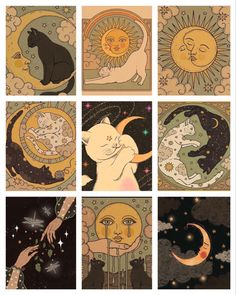 four different images of cats and moon in the night sky, with stars above them