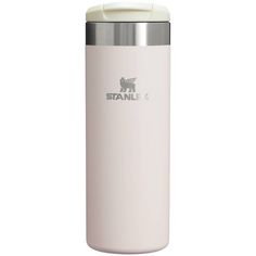 a white stainless steel insulated water bottle with the words stanley on it and a silver lid