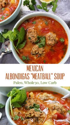 two bowls filled with meatball soup and garnished with parsley