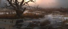 a painting of a swampy area with dead trees in the foreground and sun rising behind it