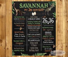 a chalkboard sign that says savannahh my 3rd birthday with dinosaurs on it