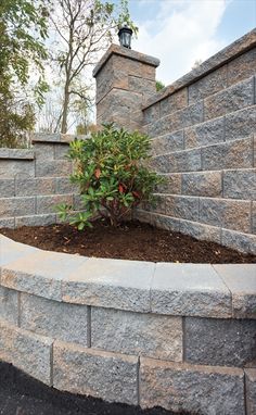 a stone retaining wall with a planter and shrub in the corner next to it