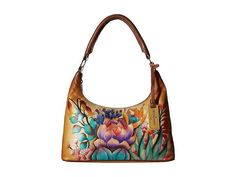 Anuschka 371 Medium Top Zip Hobo Everyday Hand Painted Shoulder Bag, Bohemian Hand Painted Shoulder Bag For Everyday Use, Artistic Leather Shoulder Bag With Adjustable Strap, Artistic Leather Shoulder Bag For Daily Use, Hand Painted Crossbody Bags For Travel, Hand Painted Crossbody Travel Bag, Hand Painted Multicolor Shoulder Bag For Everyday Use, Artistic Bags For Everyday Use, Artistic Leather Travel Bag