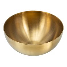 a gold colored metal bowl on a white background