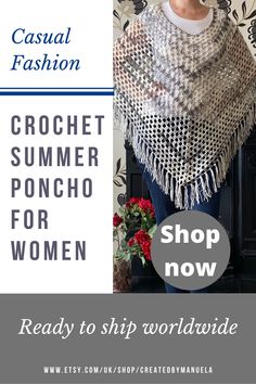 Grey cream crochet summer poncho for women Poncho For Women, Summer Poncho, Crochet Women, White Lilac, Perfect Summer Outfit