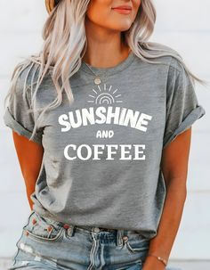 Sunshine and Coffee T-Shirt, Coffee Lover Shirt, Barista Tee, Gift for Coffee Lover This classic unisex jersey short sleeve tee fits like a well-loved favorite. Soft cotton and quality print make users fall in love with it over and over again. These t-shirts have-ribbed knit collars to bolster shaping. The shoulders are tapered for a better fit over time. Dual side seams hold the garment's shape for longer.  .: Made with 100% Airlume combed and ring-spun cotton, a lightweight fabric (4.2 oz/yd² Coffee Shirt Ideas, Barista Shirt, Coffee Tshirt, Coffee Shirts, Coffee Gifts, Coffee Lover Gifts, Semi Formal, Leisure Wear, Short Sleeve Tee