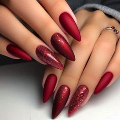 Red Matte Nails With Glossy Tips, Red Satin Nails, November Red Nails, Fall Red Almond Nails, Red November Nails, Red Nails Glitter Design, Fall Red Nails 2024, Moulin Rouge Nails, Deep Red Nails Acrylic