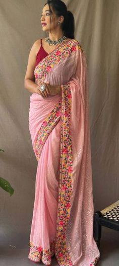 Pink and Majenta color Saree in Georgette fabric with Embroidered, Sequence, Thread work Pink Embroidered Fabric With Mirror Work, Fitted, Pink Fitted Embroidered Fabric With Mirror Work, Pink Embroidered Fabric With Mirror Work, Fitted Pink Embroidered Fabric With Mirror Work, Pink Embroidered Saree With Mirror Work, Pink Embroidered Saree For Party, Festive Pink Embroidered Fabric With Mirror Work, Pink Embroidered Party Saree, Floral Embroidered Traditional Wear For Navratri Party