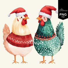 two chickens wearing christmas hats and sweaters, one is green and the other is red