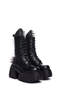 need an emotional outlet? These combat boots have a vegan leather construction, spiked stud hardware all over, adjustable lace-up ties, pull loops, molded chunky platform and block heels, and side zip closures. Punk Style Combat Boots With Chunky Platform For Fall, Edgy Lace-up Boots For Fall Concerts, Punk Style Platform Lace-up Boots For Fall, Punk Platform Lace-up Boots For Fall, Edgy Winter Combat Boots, Edgy Combat Boots For Fall Concert, Streetwear Lace-up Combat Boots With Rivets, Winter High-top Platform Boots With Rivets, Edgy Lace-up Boots For Fall