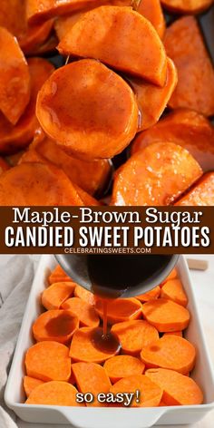 maple brown sugar candied sweet potatoes in a white dish with text overlay that reads maple brown sugar candied sweet potatoes