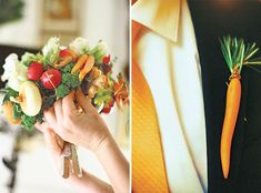 a man in a suit and tie holding a bouquet of fruit and veggies