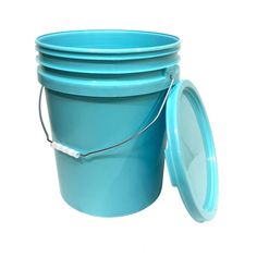 blue bucket with lid and handle on white background