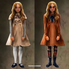 two dolls dressed in brown clothing and white tights, one with long blonde hair