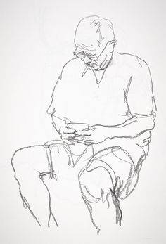 a black and white drawing of a man sitting down