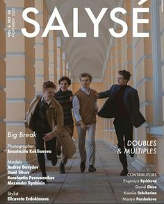 the cover of salyse magazine featuring four men walking down a walkway with their hands in each other's pockets