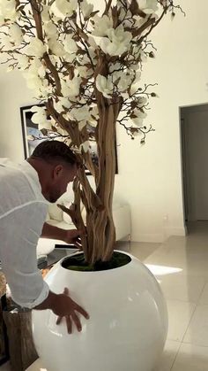 a man is placing flowers in a large white planter on the floor next to a tree