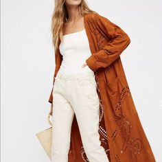 Free People Suede Maxi Duster Coat Rust-Brown Mallorca Laser Cut Paisley Super Soft Unlined Slouchy Easy Fit Coat/Layering Piece New Without Tags * Size: Small Retail Price: $700.00 Suede * There Is A Line Through The Tag To Prevent Store Return 42" Around The Bust 48" Long