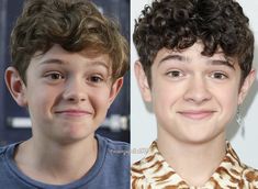 two young boys with different facial expressions and haircuts, one is smiling at the camera