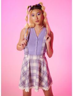 Purple Plaid Pattern, Culture Clothing, Her Universe, Suspender Skirt, Plus Size Fits, Purple Plaid, Bridesmaid Outfit, Pink And Purple, White Plaid