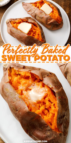 baked sweet potatoes with a pat of butter Best Way To Bake Sweet Potatoes, Sweet Potato Baked Potato, Sweet Potato Recipes In Oven, Recipes With Baked Sweet Potatoes, How To Make Baked Sweet Potatoes, Baking A Sweet Potato In The Oven, How To Cook A Sweet Potato In The Oven, One Sweet Potato Recipe