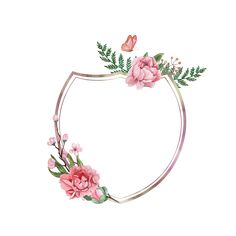 pink flowers and leaves are arranged in the shape of a circle