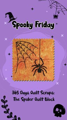 the spider quilt is on display in front of a purple background with black and white lettering