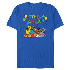 a blue birthday crew t - shirt with cartoon characters on it