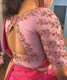 Stylish Blouse Work Design, New Pattu Blouse Designs, Latest Pink Blouse Designs, Blouse Back Neck Work Designs, Pink And Silver Blouse Designs, Pattu Work Blouse Designs, High Neck Maggam Work Blouse Designs, Light Pink Blouse Designs, Pattu Blouse Maggam Work Designs