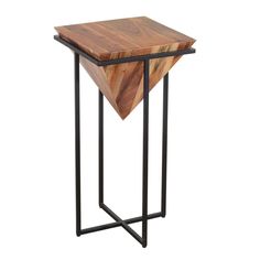 a wooden table with metal legs and a triangular shaped end table in the shape of an upside down triangle