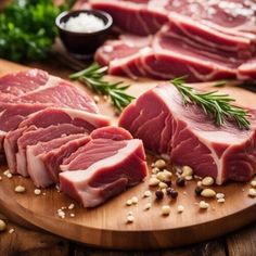 raw meat on a cutting board with herbs and seasoning