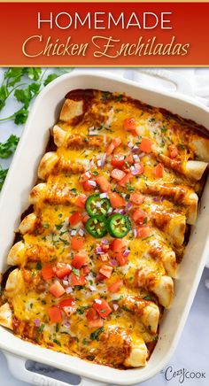 chicken enchiladas in a casserole dish. Chicken For Mexican Dishes, Cozy Cook Chicken Enchiladas, Mexican Foods Easy, Easy To Make Mexican Food, Mexican Enchiladas Recipe, Enchilada Party Ideas, Quick Chicken Enchiladas Easy Dinners, Mexican Restaurant Enchiladas, Easy Mexican For A Crowd