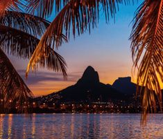 the sun is setting behind some palm trees and mountain in the distance with lights reflecting on the water