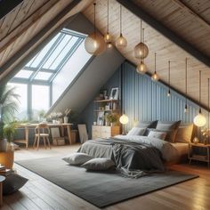 an attic bedroom with blue walls and wooden floors, large bed in the center surrounded by hanging lights