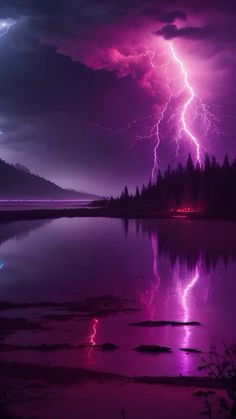 a purple sky filled with lightning over a lake and forest covered in raindrops