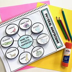 an activity book with markers and pencils next to it on top of a table