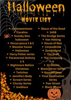 halloween movie list with pumpkins and spider web