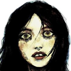 a drawing of a woman's face with long black hair and green eyes is shown