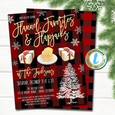 Flannel Favorites and Flapjacks Party Christmas Party Invitation, Brunch Pancakes and Pajamas, Editable Template, DIY Self-Editing Download Christmas Brunch Party, Brunch Pancakes, Brunch Event, Pancakes And Pajamas, Favorite Things Party, Holiday Brunch, Holiday Breakfast, Christmas Party Invitation, Christmas Brunch